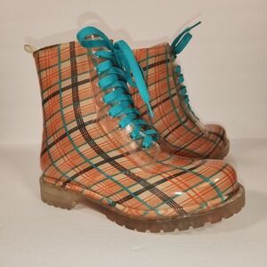 BONGO Plaid Rain Boot Women Size 9 Orange Blue Clear Jelly Lace Up Cottagecore